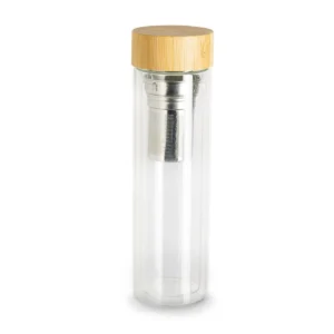 Glasflasche mit Bambusdeckel und Teesieb